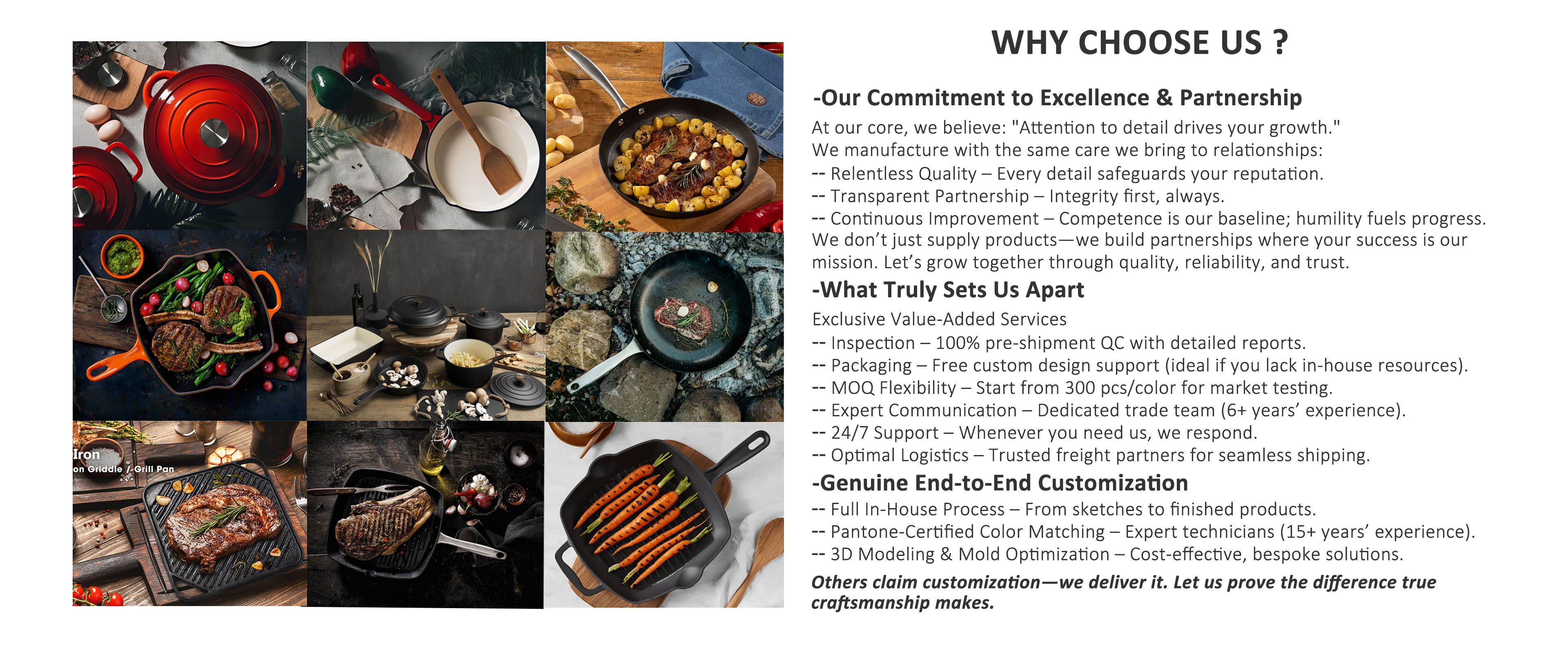 Choose us for 100% QC inspection, flexible 300pcs MOQ, and free custom packaging. We offer full in-house customization with 3D modeling and Pantone color matching. Partner with our 24/7 expert trade team for reliable growth.